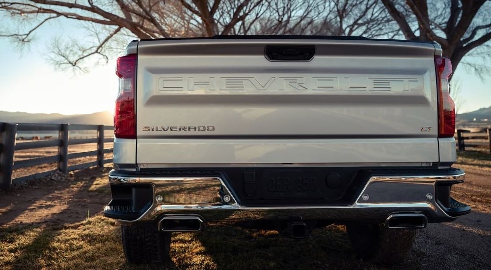 Tailgate of a silver 2023 used Chevy Silverado 1500 for sale