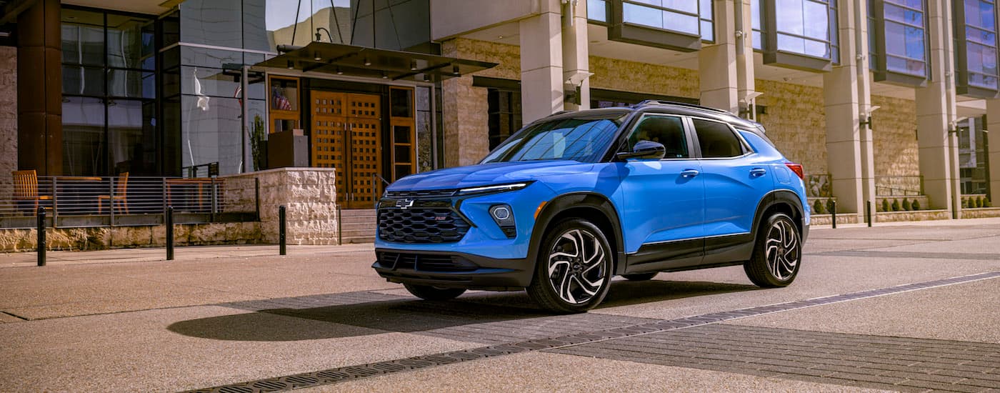 A blue 2025 Chevy Trailblazer for sale from the front at an angle.